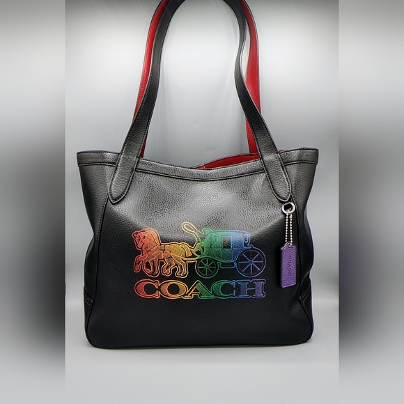 NWT Coach Tote 27 with an ombre rainbow signature Horse and Carriage. black/red - Picture 2 of 11